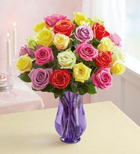 Load image into Gallery viewer, Two Dozen Assorted  Roses with Purple Vase