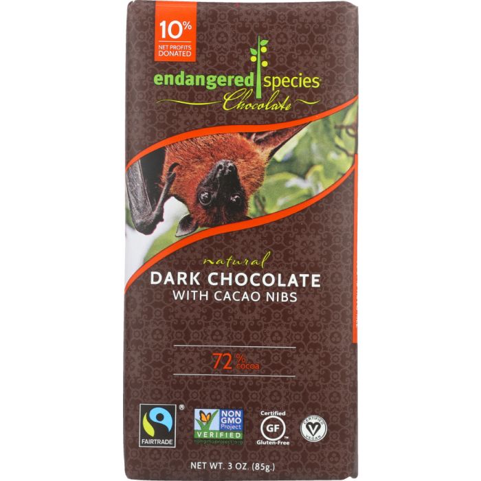 ENDANGERED SPECIES: Natural Dark Chocolate Bar with Cacao Nibs, 3 oz