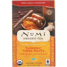 Load image into Gallery viewer, NUMI TEAS: Organic Turmeric Tea Three Roots, 12 Tea Bags
