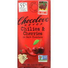 Load image into Gallery viewer, CHOCOLOVE: Chilies &amp; Cherries in Dark Chocolate, 3.2 oz
