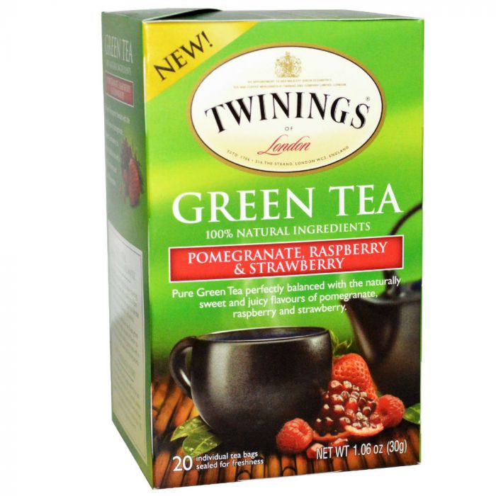 TWININGS OF LONDON: Green Tea Pomegranate Raspberry & Strawberry, 20 Tea Bags, 1.06 Oz